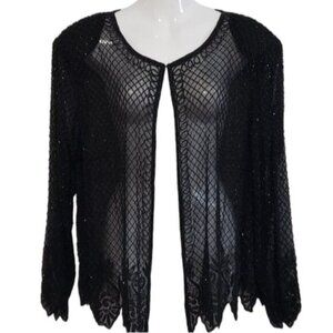 Vintage Black Beaded Sheer Open Jacket Round Neck Shoulder Pads